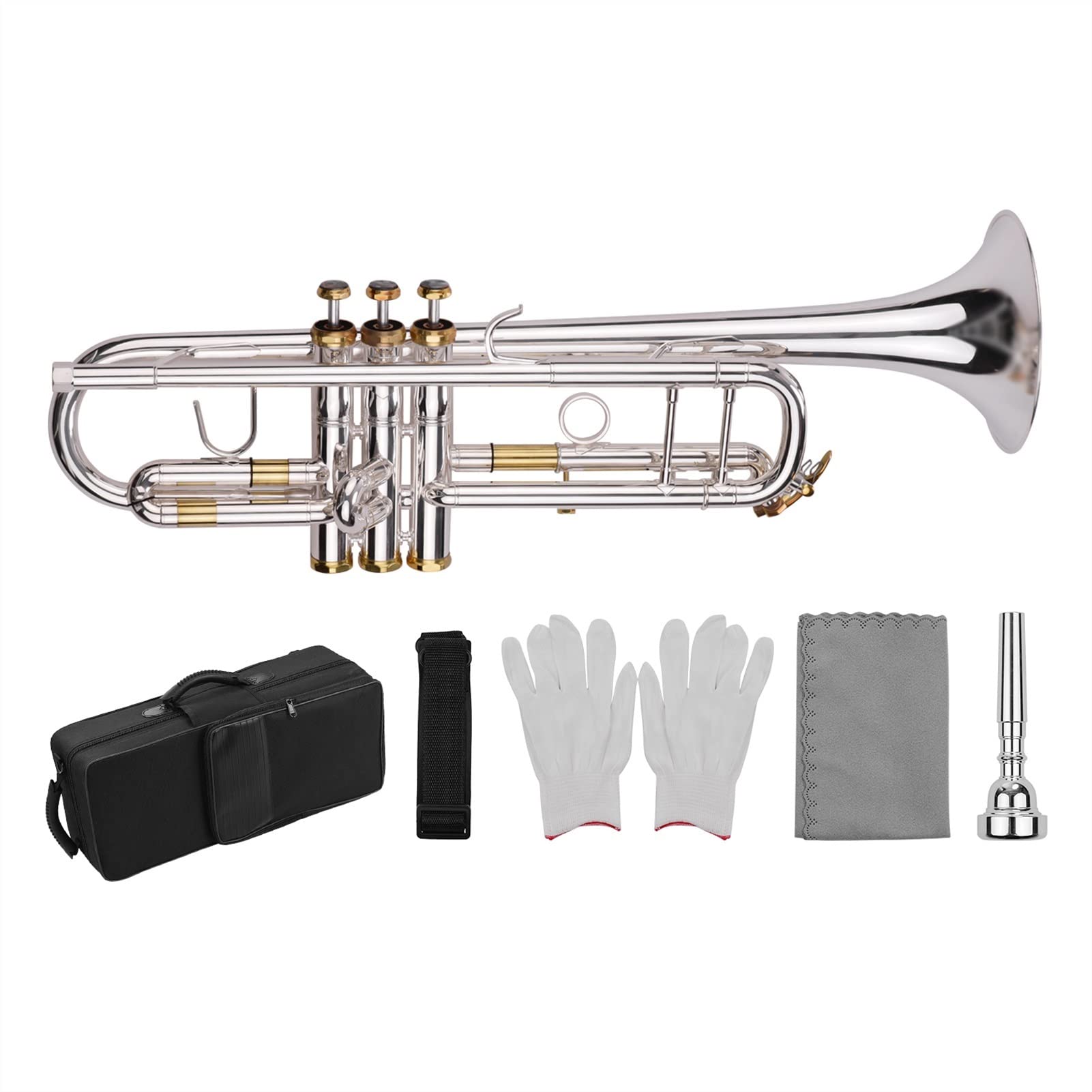 ZENGXUE Prefessional BB Trompete Messingmaterial Silber Überzogene Oberflächenwind Instrument Mit Mundstücktasche Handschuhe Reinigungstuch Standard-Trompetenset