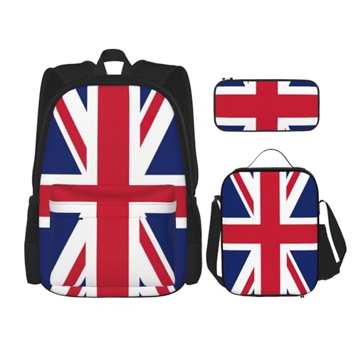 WURTON Rucksack mit britischer Flagge, 3-in-1, Büchertaschen-Set, Lunchbox, Federmäppchen, Reise-Laptop-Tagesrucksäcke, Schwarz , Einheitsgröße