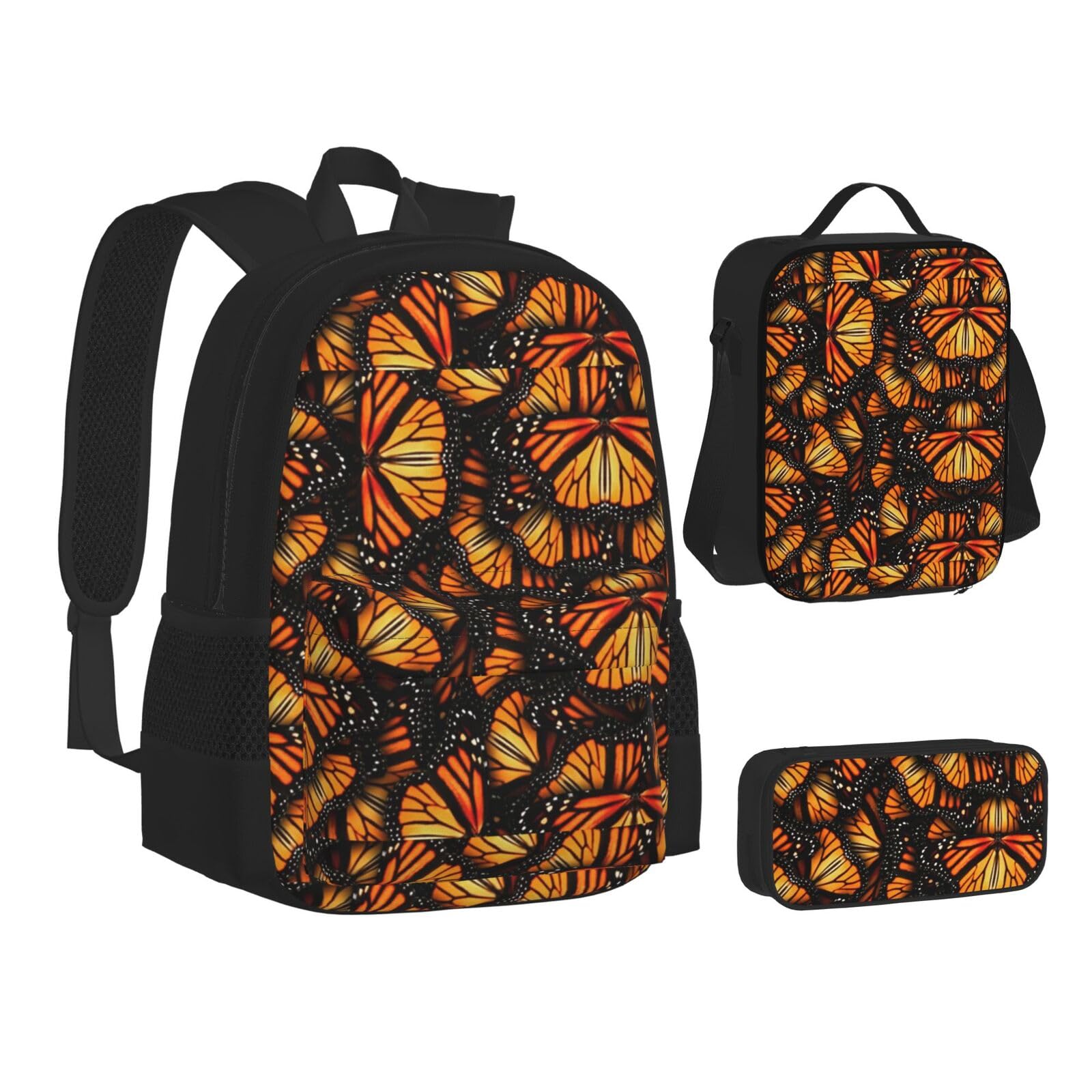 WURTON Heaps Of Orange Monarch Butterflies Print Teenage Bookbag Lunch Bag Pencil Case 3 in 1 School Backpacks Set Kids Backpack