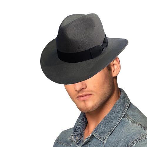 HUIFACAI Fedoras Hut für Damen, Herren, mit gewebtem Gürtel, Dekor, Zaubererhut, Wollmütze, Rollenspiel, Kostüm, Verkleidung, Clubhut, Grau gefüttert, 58cm