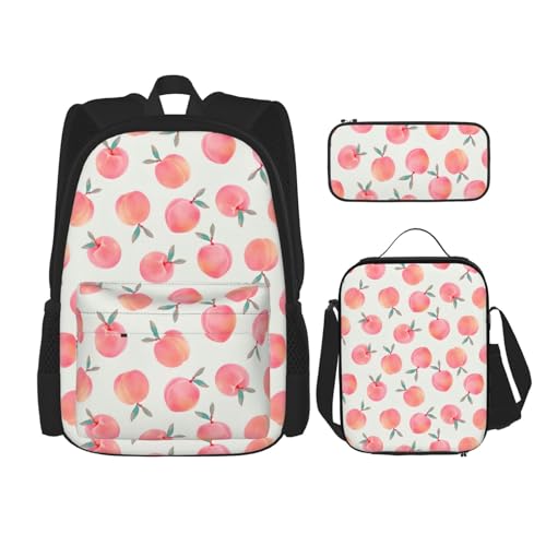 WURTON 3-in-1-Set mit rosa Pfirsichdruck, lässig, verstellbar, Schulter-Rucksack, Lunch-Tasche, Federmäppchen, Beutel, Schwarz, Einheitsgröße