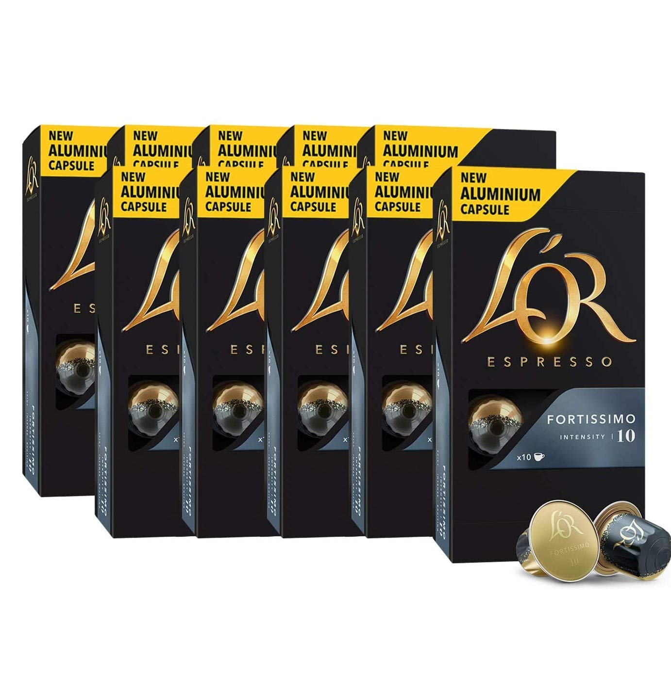 L’OR Espresso Kaffee Fortissimo Intensität 10 – Nespresso®* kompatible Kaffeekapseln aus Aluminium - 10 Packungen mit 10 Kapseln (100 Getränke)