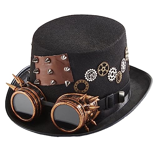 LARUISEE Gothic Steampunk-Hut, viktorianischer Zylinderhut, Gothic-Stil, Nieten, Zahnradkette, Brille, Zylinderhut, Kostümzubehör für Männer und Frauen, Steampunk-Hüte für Damen und Herren