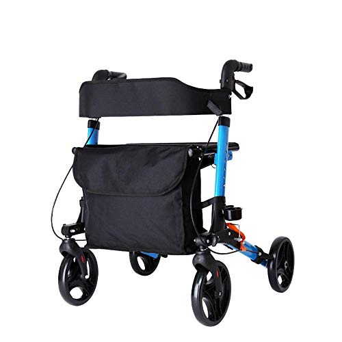 Faltbarer Rollator, Gehhilfe, leicht, zusammenklappbarer Rollator, 4 Räder, Rollator mit Sitztasche, Mobilitätshilfe für Erwachsene, Senioren, ältere Menschen, Aluminium-Transportstuhl (blau) O