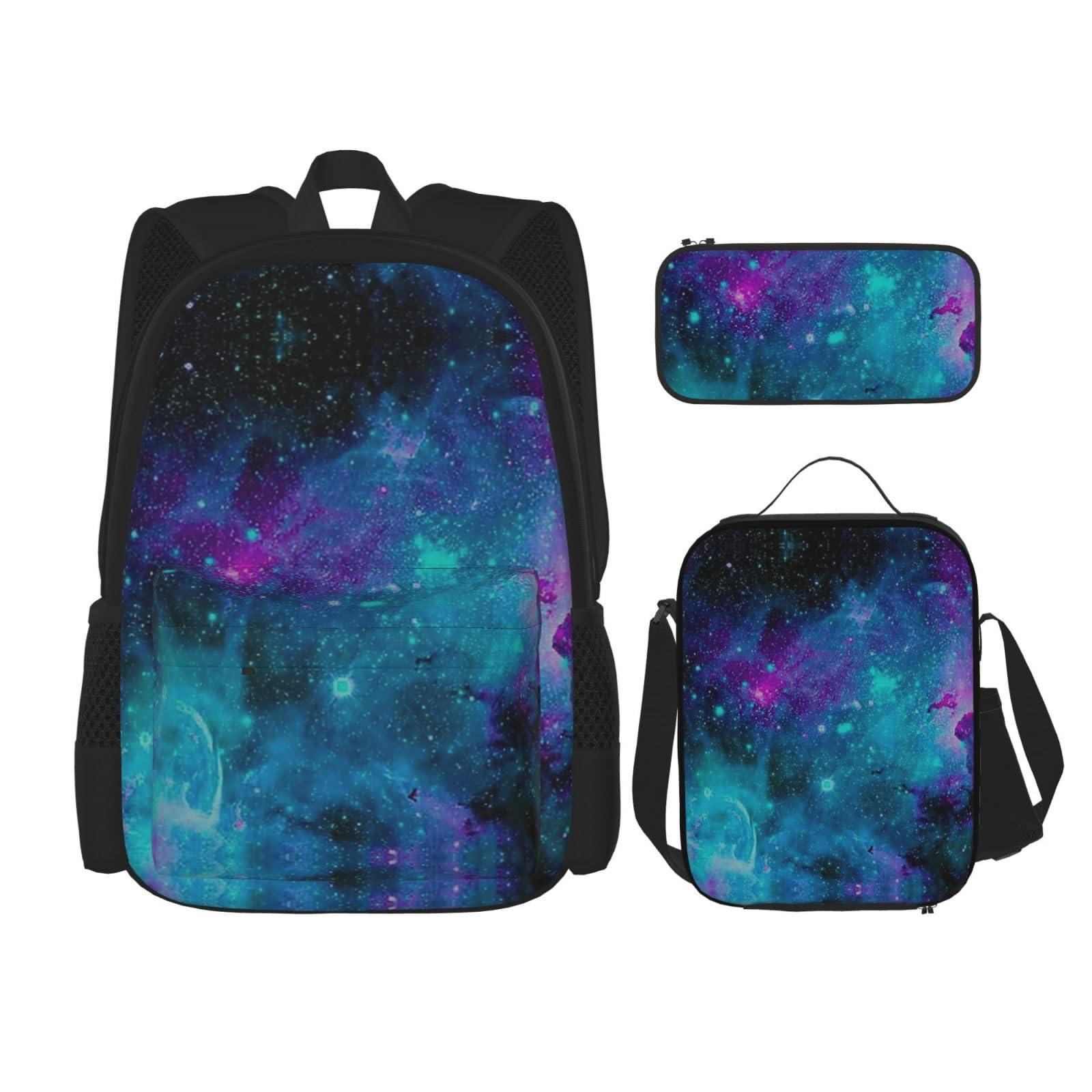 WURTON Lila Sternenhimmel Druck Reise Lunchbox Federmäppchen Rucksack Set 3 Stück Verstellbare Träger Leicht, Schwarz, Einheitsgröße