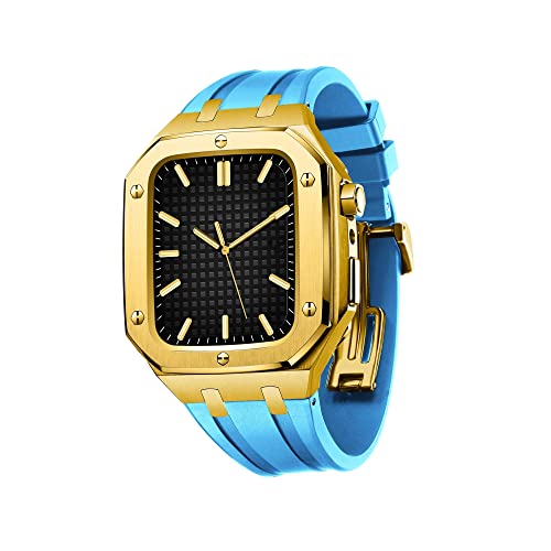 KANUZ Silikon-Uhrenarmband, Metallgehäuse für Apple Watch Serie 8, 45 mm, 44 mm, Modifikationsset, Zubehör, Armbänder für iWatch SE/4/5/6/7 Serie mit Werkzeugen (Farbe: Goldblau, Größe: 45 mm für 7)