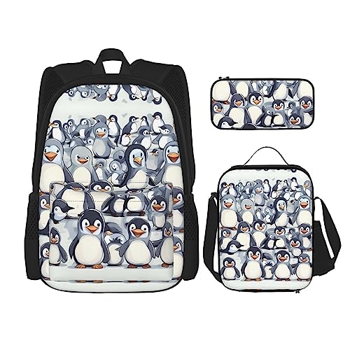 WURTON Niedliche Baby-Pinguine, Skizzendruck, Reise-Lunchbox, Federmäppchen, Rucksack-Set, 3-teilig, verstellbare Riemen, leicht, Schwarz, Einheitsgröße