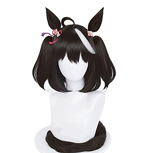 Uma Musume Kitasan Schwarz Cosplay Perücke Uma Musume Pretty Derby Cosplay Schwarz Weiß Perücke mit Pony Ohren Kunsthaar Pelucas