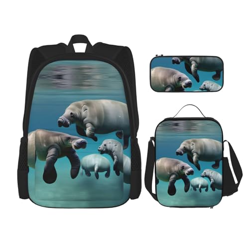 YQxwJL 3-in-1-Rucksack-Büchertaschen-Set, mathematischer Druck, lässiger Reiserucksack, mit Federmäppchen, Lunchtasche, Seekuh Tiere, Einheitsgröße