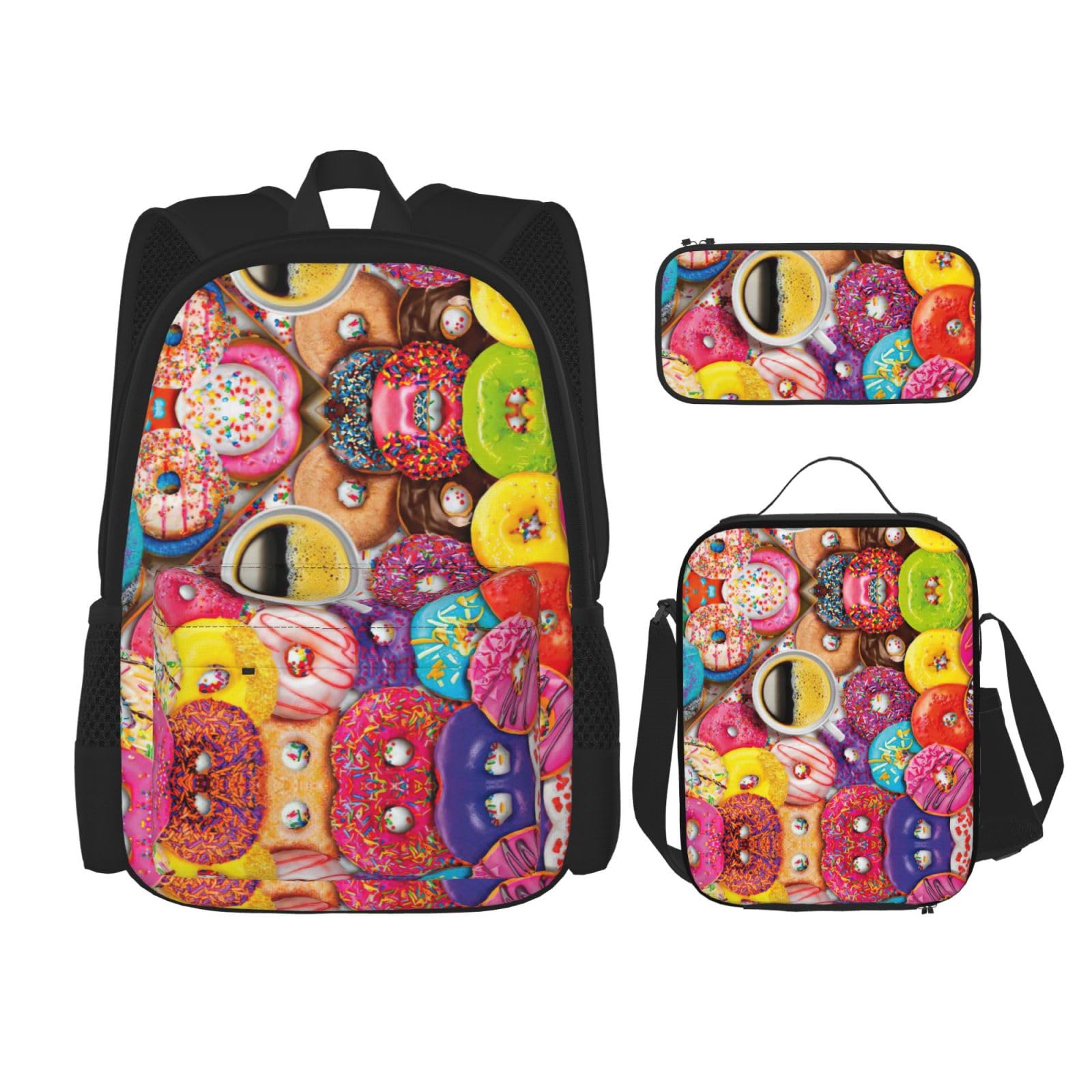 WURTON Rucksack mit Kaffee- und Donut-Druck, für Mädchen, Jungen, Schultaschen, Teenager, Lunchbox und Federmäppchen, 3-in-1-Büchertaschen-Set