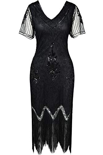 ArtiDeco 1920s Kleid Damen Flapper Kleid mit Kurzem Ärmel Gatsby Motto Party Damen Kostüm Kleid (Schwarz, XL)