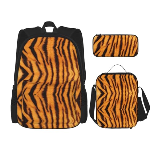 WURTON Tiger Streifenmuster Druck Reise Lunchbox Federmäppchen Rucksack Set 3 Stück Verstellbare Träger Leicht, Schwarz, Einheitsgröße