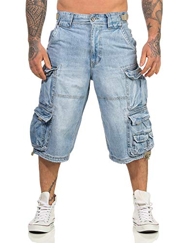 Jet Lag Herren Denim Cargo Shorts Modell 007 in Light Navy oder Denim Bleached, Größe:5XL, Farbe:Denim Bleached