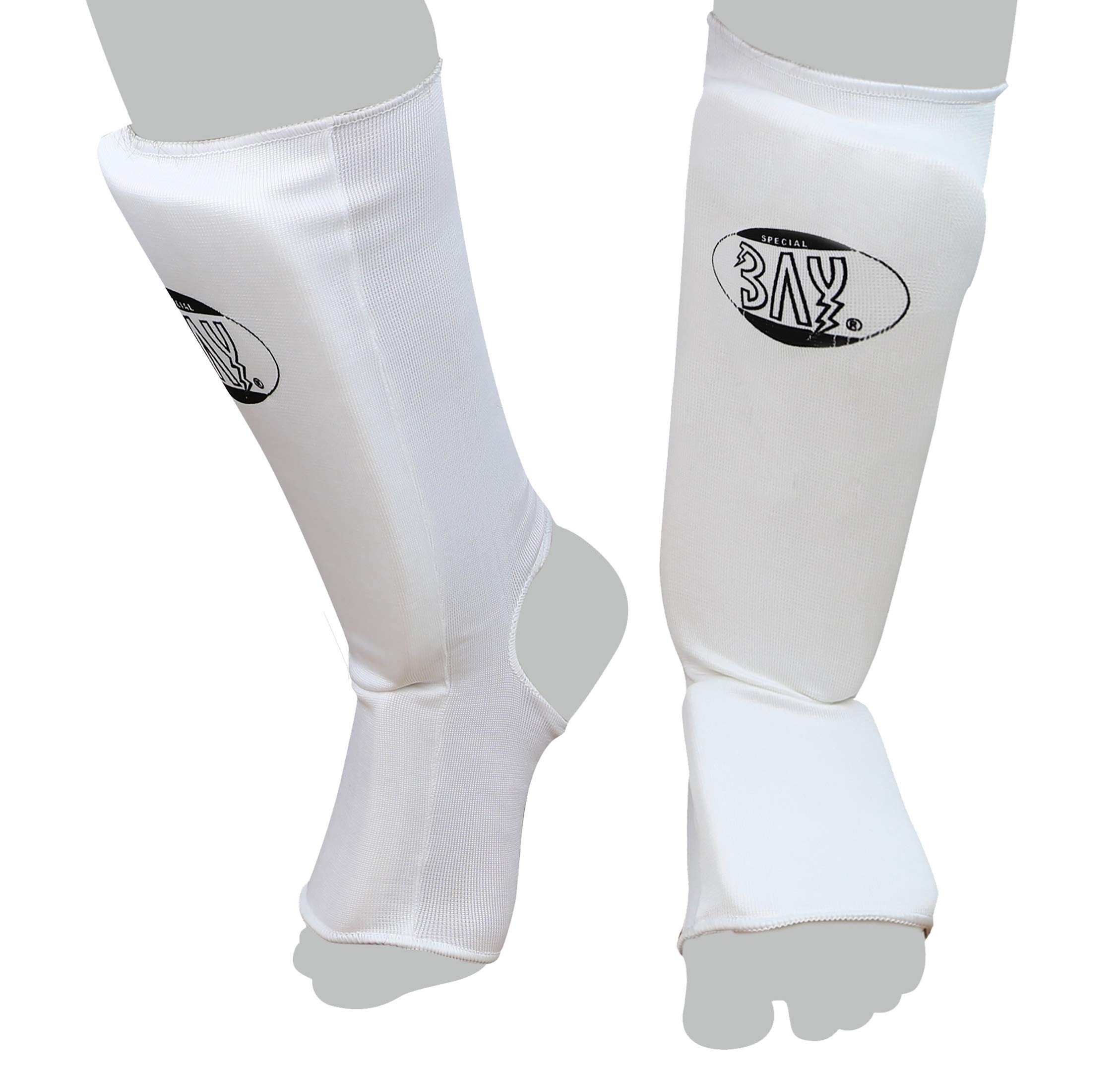 BAY® "MT Cotton Weiss XL Spann-Schienbeinschutz Baumwolle Elastik Stoff, Muay Thai, TKD, Thaiboxen weiß, Größe XL