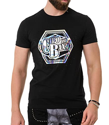 Cipo & Baxx Herren T-Shirt Glänzend Neondruck Strasssteinen Kurzarm CT720 Schwarz XXL