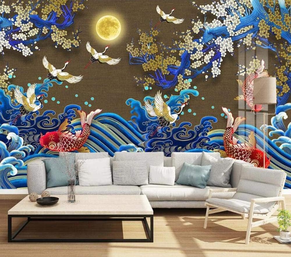 Abstrakte Wellen Fisch Mond Kran Zweige Blumen 3D Tapete Poster Restaurant Schlafzimmer Wohnzimmer Sofa TV Dekorative Wand-430cm×300cm