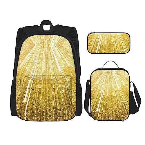 WURTON 3-in-1-Set mit goldfarbenem Glitzer-Aufdruck, lässiger verstellbarer Schulter-Rucksack, Lunch-Tasche, Federmäppchen, Beutel, Schwarz, Einheitsgröße