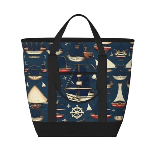 YQxwJL Isolierte Kühltasche mit nautischem Segelpiraten-Motiv, großes Fassungsvermögen, Einkaufstasche, Reisetasche, Strand, wiederverwendbare Einkaufstasche für Erwachsene, Schwarz, Einheitsgröße