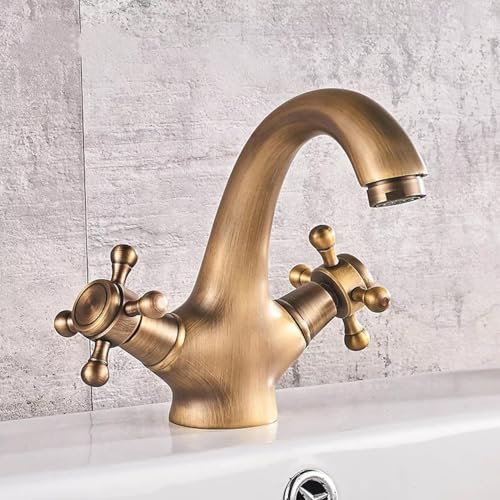 Massive Messing-Bronze-Doppelgriff-Steuerung für heißes und kaltes Wasser, antiker Wasserhahn für Küche, Badezimmer, Waschbecken, Mischbatterie