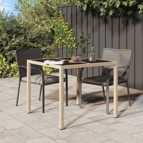 KLYEON Gartentisch 90x90x75 cm Gehärtetes Glas Poly Rattan Beige, Gartenmöbel & Zubehör