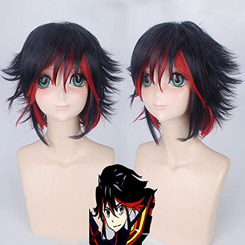 LINLINCD-Hochwertige Anime Kill LA Kill Cosplay Perücke Matoi Ryuko Schwarz Rot Perücken Kurze lockige hitzebeständige synthetische Haare + Perückenkappe L Matoi Ryuko Perücke 291