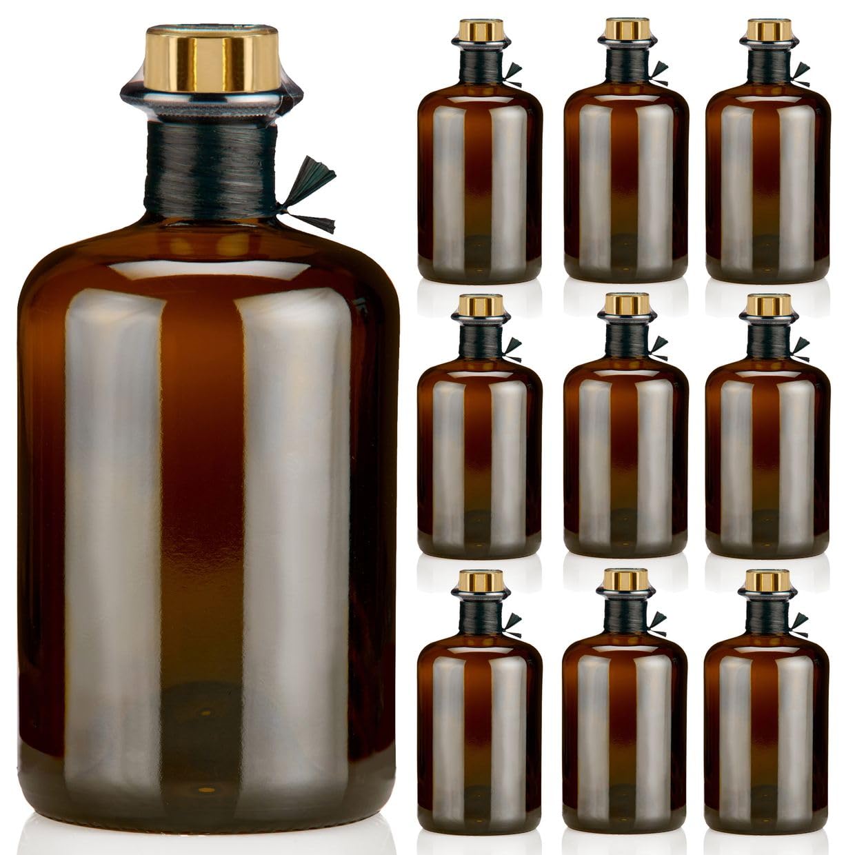 9 Apothekerflaschen braun 500ml leer schwarz antik Profiset Korken gold, Flaschenkapseln & Geschenk Band, Braunglas Flaschen 0,5L für Öl, Gin, Kräuter Schnaps uvm.