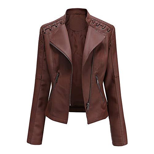 YOUCAI Damen Kruze PU Lederjacke Kunstleder Bikerjacke Damen Motorradjacke mit Reißverschluss für Herbst Frühling Slim Fit Kurze Jacke Kurzmantel Outwear Kaffee 3XL