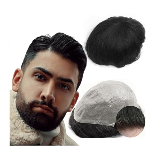 Perücke Männer 0,04 PU-Haut-Poly-Prothesen-Toupet for Männer, Yanahair-Glatthaar-Ersatzsystem, 100% europäische Echthaar-Haarteile Toupet für Herren(Off Black)