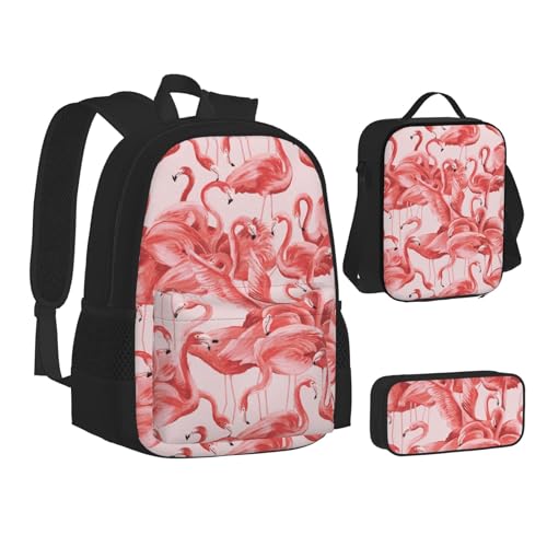 WURTON Büchertasche mit Flamingo-Druck, Federmäppchen, 3-in-1, Schulrucksack-Set, Kinderrucksack, Flamingo, Einheitsgröße