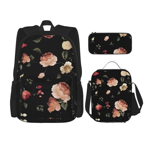 WURTON Rucksack mit Blumenmuster, 3-in-1, Büchertaschen-Set, Lunchbox, Federmäppchen, Reise-Laptop, Tagesrucksäcke