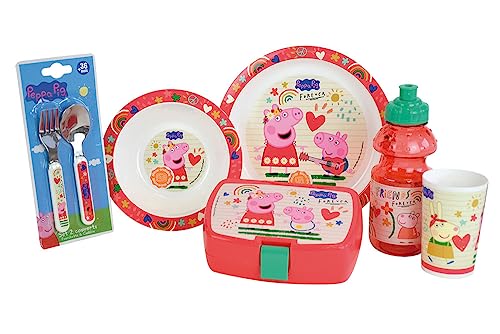 Peppa Pig Kindergeschirr-Set mit Glas 220 ml, tiefer Teller Ø 16 cm, Teller Ø 22 cm, Besteck H 13,5 cm, Trinknapf 350 ml und Snackdose