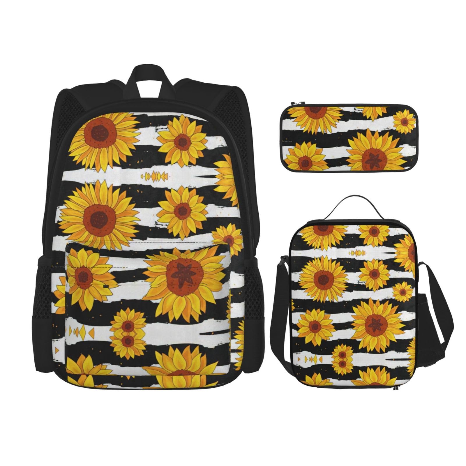 WURTON Stilvoller Sonnenblumen-Druck, trendige Rucksacktaschen, Lunchbox und Federmäppchen, 3-in-1, verstellbares Rucksack-Set, Schwarz, Einheitsgröße, Schwarz , Einheitsgröße