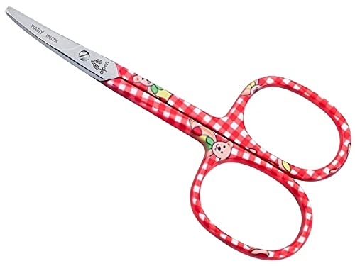 Alpen Baby-Nagelschere, abgerundet, Stahl AISI 420 rostfrei, gebogen, 9.0 cm, rotes Muster