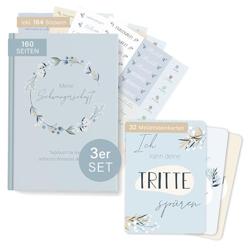 mintkind® Schwangerschaft Geschenkset "Meine Schwangerschaft" Tagebuch + Meilensteinkarten Schwangerschaft Blau I Schwangerschaft verkünden I Personalisierte Geschenke Baby