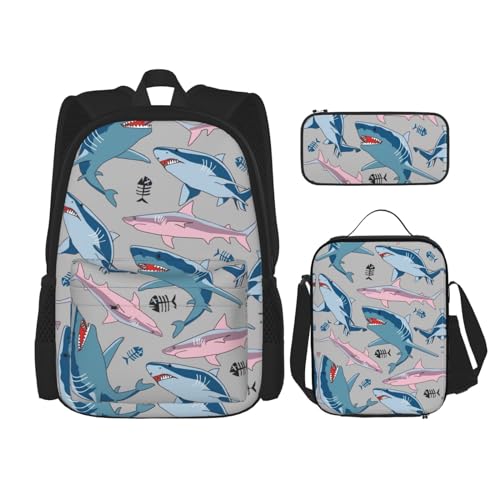 WURTON Blaue Cartoon-Fisch-Druck-Lunchbox, Federmäppchen, Rucksack-Set, 3-teilig, verstellbare Riemen, langlebig, leicht, Schwarz, One Size