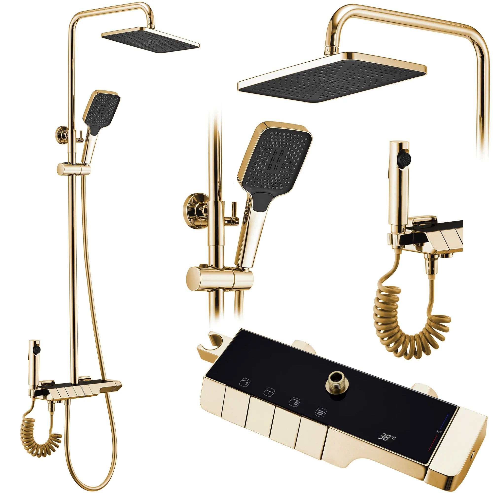 Rea Duschsystem mit Thermostat ROB Gold Duschset Duscharmatur mit Duschkopf und Kopfbrause aus Messing Duschgarnitur für Badezimmer (Gold)