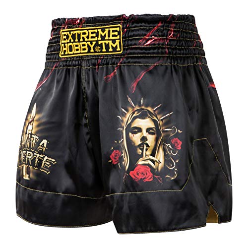 Extreme Hobby Muay Thai Shorts Santa Muerte, Ultraleichte Satin Dehnungsbeständig Kordelzug Männer Thaibox Hose für Herren