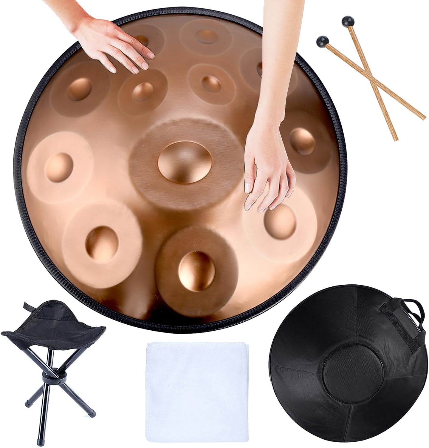 9/10/12 Hinweis Handpfannentrommel, 22 Zoll in d-Moll Handtrommel, Steel Drum Percussion mit Handpan-Ständer und weiche Handpan-Tasche, Handtrommel aus Stahl für Erwachsene,Gold,12 Notes