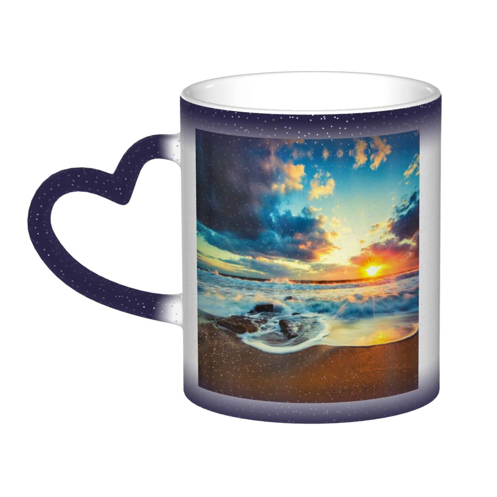 WURTON Keramik-Kaffeetasse mit Sonnenuntergang-Strand-Druck, Farbwechsel-Tasse im Himmel, Geschenktasse für Familie und Freunde