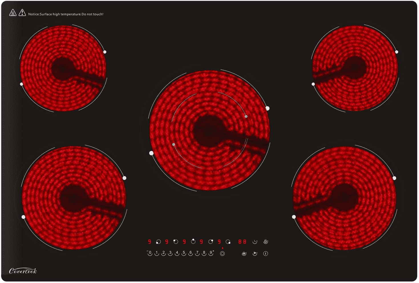 COVERCOOK 77cm Glaskeramikkochfeld, 5 Zonen Autarkes Kochfeld, Einbau Kochfelder mit Touch-Control, Timer, Kindersicherung,230V, 8200W