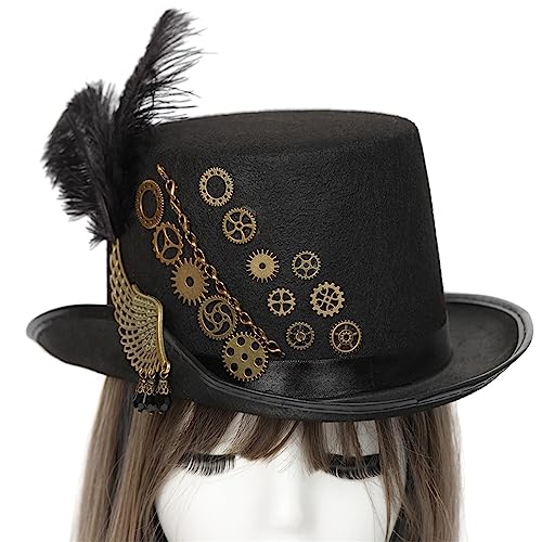 Oadnijuie Gear Federflügel Steampunk Zylinder in Schwarz Unisex Mode Dekorationen Zubehör für Halloween Dekorationen Ornament Zylinder