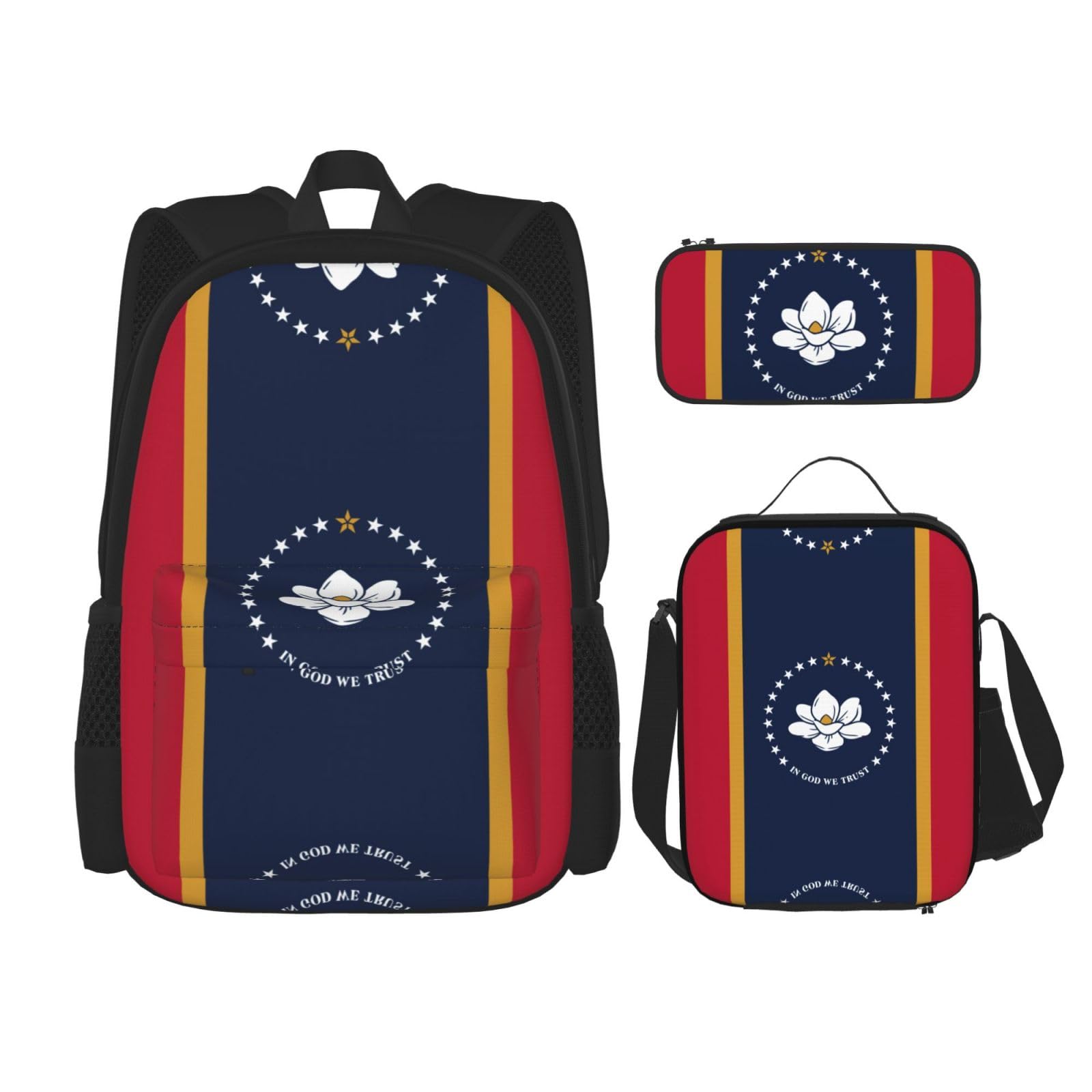 WURTON 3-in-1 Büchertaschen-Set, verstellbarer Schulterrucksack, Lunch-Tasche, Federmäppchen, Tasche mit australischer Flagge, Mississippi Staatsflagge, Einheitsgröße