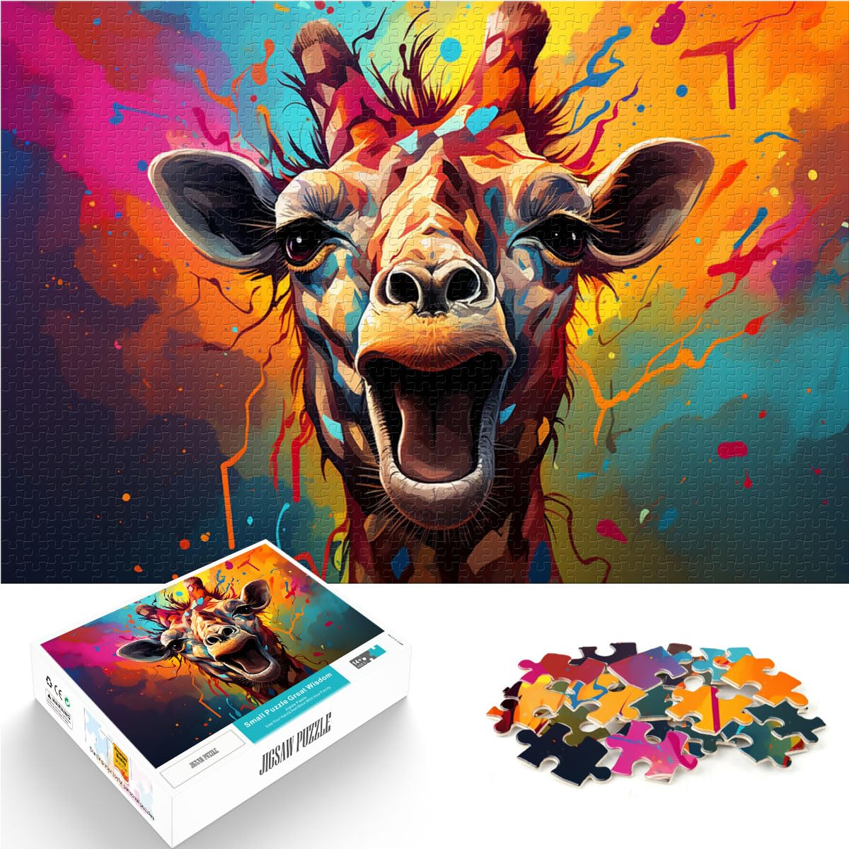 Puzzle, buntes, psychedelisches Giraffen-Kunstpuzzle, 1000 Teile, Holzpuzzle mit vollständig ineinander greifenden und zufällig geformten Teilen, 1000 Teile (50 x 75 cm)