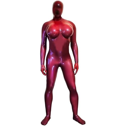 MAUXpIAO Sexy Männer Latex Ganzkörper Catsuit Gummi Bodysuits Kapuze Gefälschte Brusttasche Crossdress mit Schrittreißverschluss All-Inclusive Latexkleidung Herrenstrumpfhose Latexkleidung Pseudo-Mutt