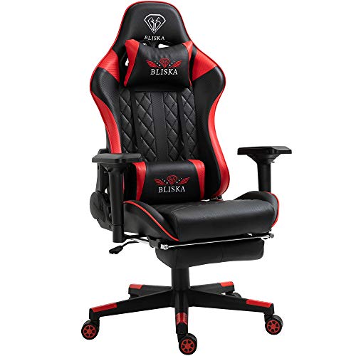 Trisens Gaming Stuhl mit Fußstütze und ergonomsichen 4D-Armlehnen - Gaming Chair in Sportsitz Optik - Gamer Stuhl mit verstellbaren Rückenstützkissen für gesündere Sitzhaltung, Farbe:Schwarz/Rot