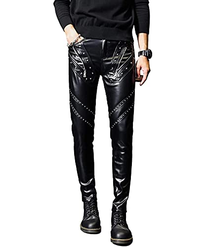 Idopy Herren Rock Steampunk Nieten PU Leder Hose Slim Fit mit Nieten, Schwarz , 27-32