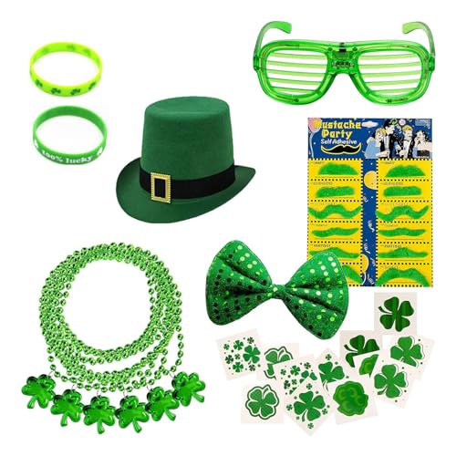 Oadnijuie Patricks Day Frauen Armreifen Perlen Halskette Brille Fliege Schnurrbart Cosplay Auftritte