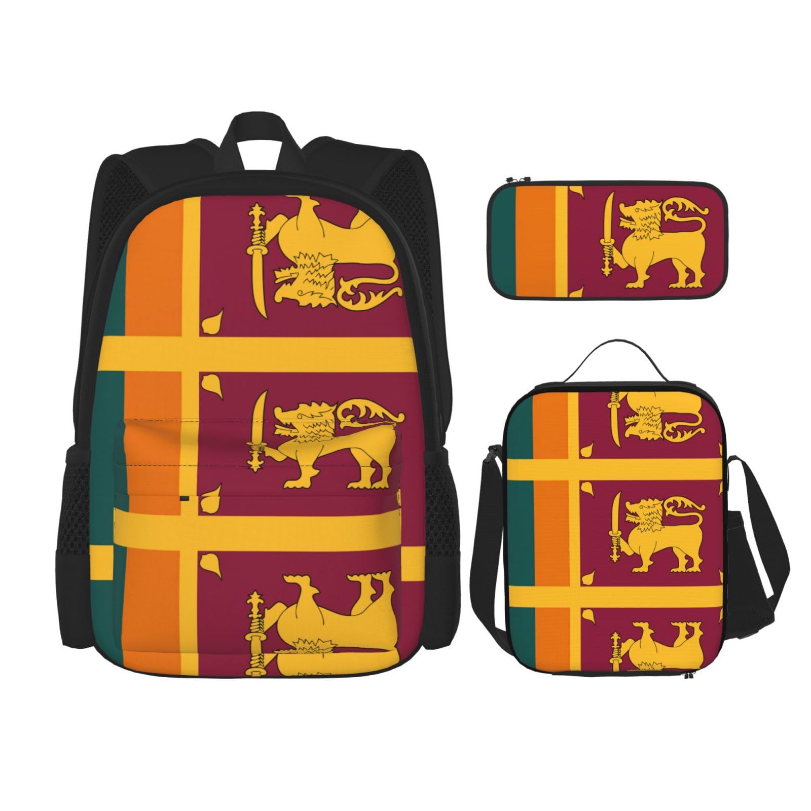 WURTON Sri Lanka Flagge, trendiger Rucksack, Tasche, Lunchbox und Federmäppchen, 3-in-1, verstellbares Rucksack-Set