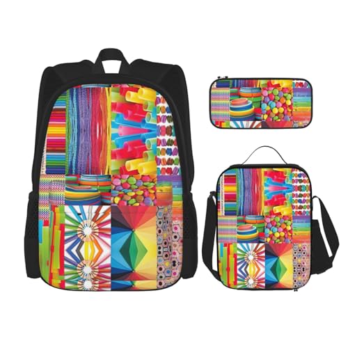 WURTON Farbenfrohes Rucksack-Set mit Collage-Druck, Schultasche mit Lunchtasche, Federmäppchen, Kombination, Schultaschen-Set