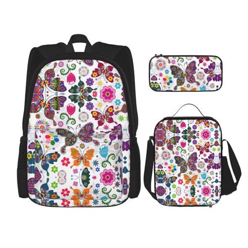 WURTON Frühlingsblumen-Schmetterlings-Druck, Reise-Lunchbox, Federmäppchen, Rucksack-Set, 3-teilig, verstellbare Riemen, leicht, Schwarz, Einheitsgröße